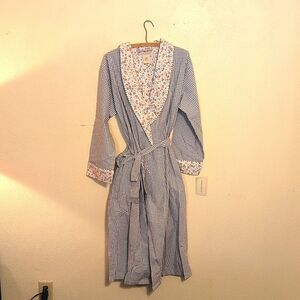 Vtg NWT Laura Ashley Gingham Floral  100% Cotton Robe Blue Red Med UAE Pockets!